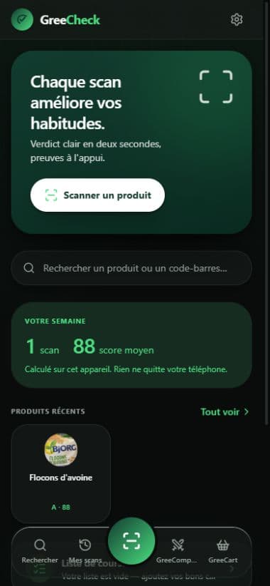 Accueil public de GreeCheck sur mobile
